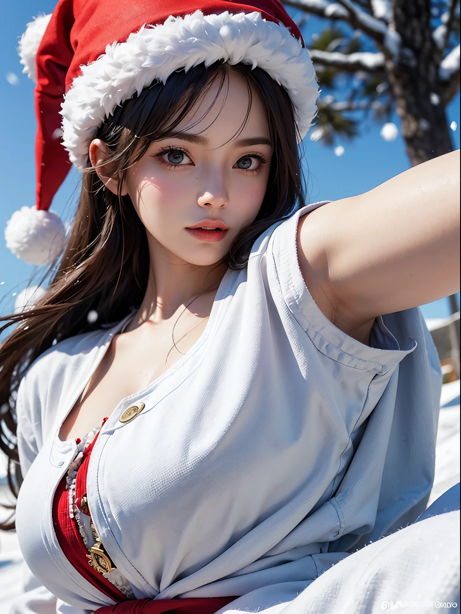 (A hyper-realistic), (hight resolution), (8K), (ighly detailed), (beatiful detailed eyes), (top-quality), (ultra-detailliert), (masterpiece), (A detailed face), selfie, full body, soft focus, beautiful woman , ((solo)), Colossal tits, Japanese, snowscape, (white Down jacket), Wearing a Santa hat, her hair fits perfectly in her Santa hat, snowing,