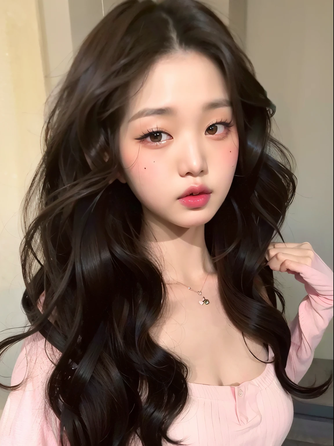 Un primer plano de una mujer con el pelo largo que lleva una camisa rosa, ulzzang, Blackpink Jennie, Joven y adorable rostro coreano, Chica coreana, Wan adorable cara coreana, Hermosa joven coreana, Hermosa mujer surcoreana, maquillaje popular de Corea del Sur, beautiful asian girl, Hermosa joven coreana, maquillaje coreano popular, Rasgos de la cara coreana, cara muy bonita, asian features