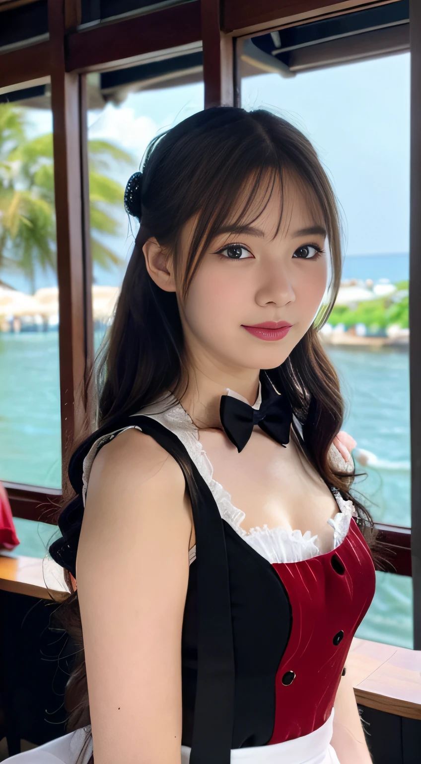 promo photo, The location is a restaurant by the sea..,1 girl, 16-year-old face, waitresses, Red-headed twin-tailed, Gentle face, Gothic Lolita half costume and maid costume and strawberry image, Clothes based on white,