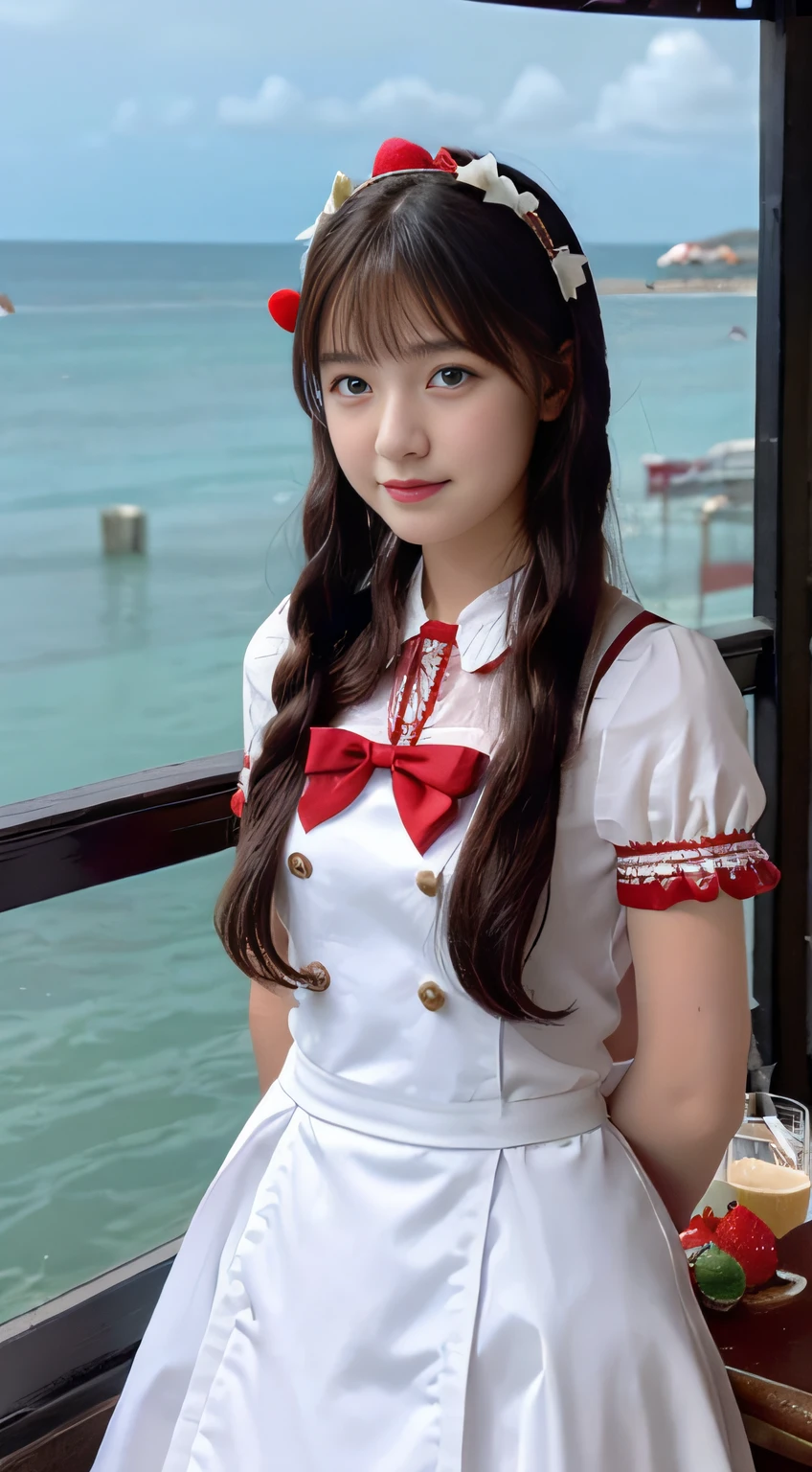 promo photo, The location is a restaurant by the sea..,1 girl, 16-year-old face, waitresses, Red-headed twin-tailed, Gentle face, Gothic ta half costume and maid costume and strawberry image, Clothes based on white,