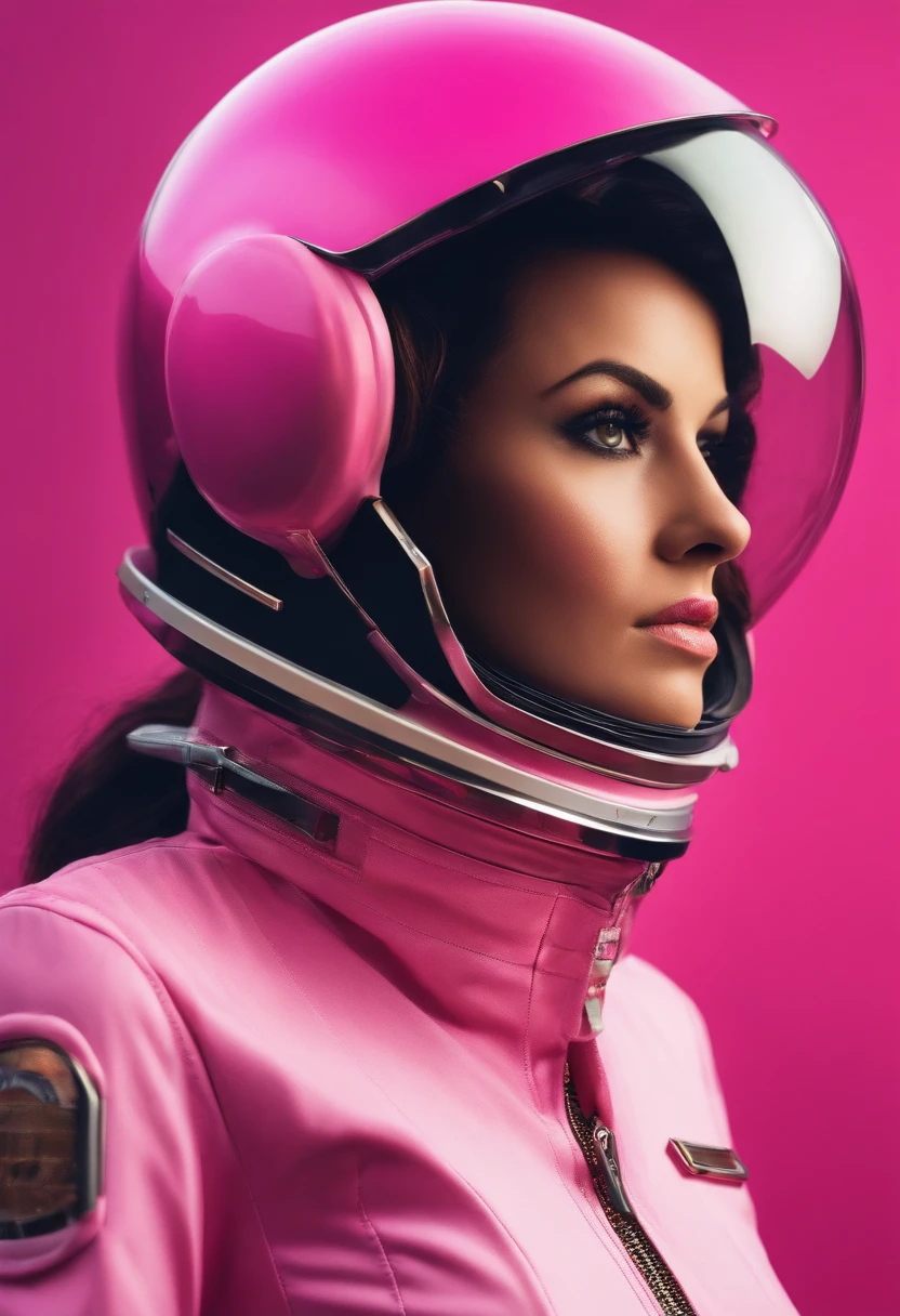 Office girl wearing a pink space helmet, pantsuit