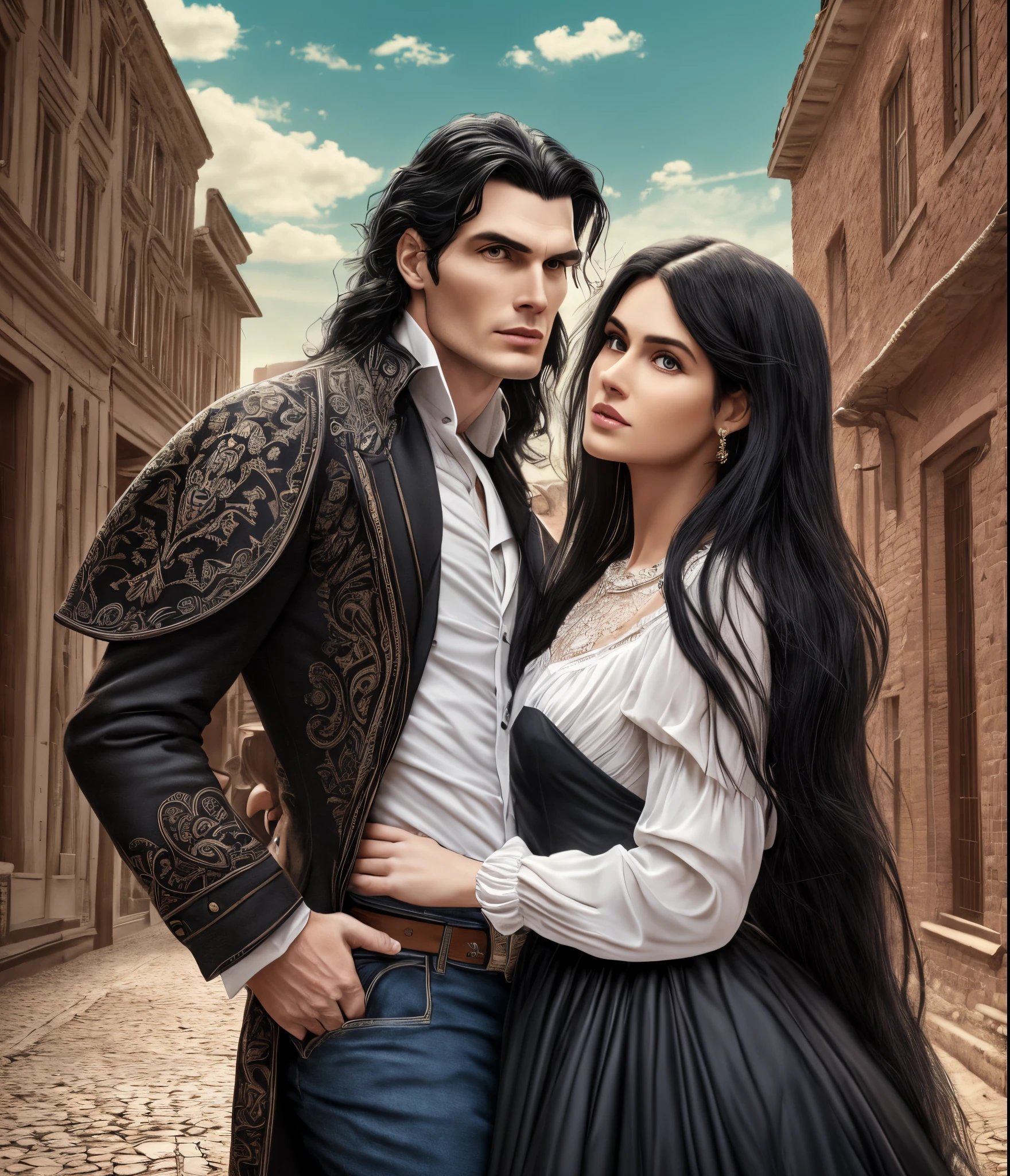 Man and woman couple, Hyperrealism, 8K, Man with black hair, blue eyes, white skin, (Christopher reeve and Peter Steele, brandon lee) Tall, 1.88 meters tall, CG, cinematic photo, ultrarealistic, in Victorian clothes, Beautiful Mexican woman, with white skin, black children, long black hair, slanted eyes, 1.58 meters tall. together in a beautiful landscape. --auto --s2