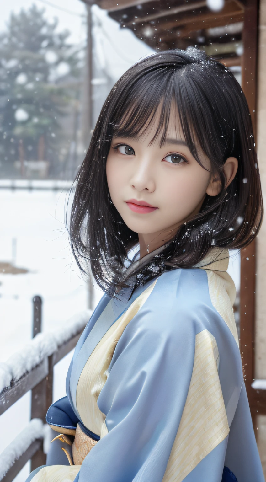 (Kimono)、、(top-quality,masterpiece:1.3,超A high resolution,),(ultra-detailliert,Caustics),(Photorealsitic:1.4,RAW shooting,)Ultra-realistic capture,A highly detailed,high-definition16Kfor human skin、 Skin texture is natural、、The skin looks healthy with an even tone、 Use natural light and color,One Woman,japanes,,kawaii,A dark-haired,Middle hair,(depth of fields、chromatic abberation、、Wide range of lighting、Natural Shading、)、、(Falling snow:1.3)、(Hair swaying in the wind:1.2)、(Snow reflects light:1.3)