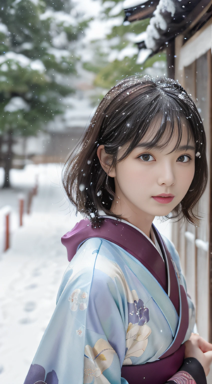(Kimono)、、(top-quality,masterpiece:1.3,超A high resolution,),(ultra-detailliert,Caustics),(Photorealsitic:1.4,RAW shooting,)Ultra-realistic capture,A highly detailed,high-definition16Kfor human skin、 Skin texture is natural、、The skin looks healthy with an even tone、 Use natural light and color,One Woman,japanes,,kawaii,A dark-haired,Middle hair,(depth of fields、chromatic abberation、、Wide range of lighting、Natural Shading、)、、(Falling snow:1.3)、(Hair swaying in the wind:1.2)、(Snow reflects light:1.3)