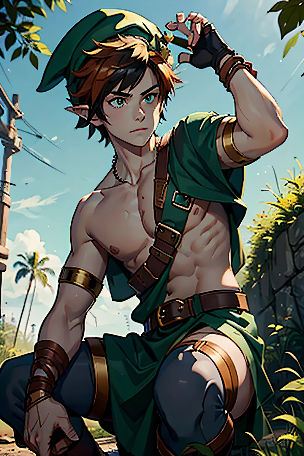 Zink has messy roughly chopped black hair with an unruly blond tuft falling over the left side of his forehead, Through the blond hair is a vivid streak of red, atop his colorful hair is a green stocking hat sporting pointed ears like Link's cap, with a small gold leaf-shaped brooch pinned on one side instead of Zagreus' crown, Framed by locks of blonde and black Zink has pale ivory skin, piercing eyes that mysteriously shift from reddish-orange to ocean blue, He wears a dark forest green tunic like Link's though styled more closely to Zagreus’ Greek chiton, one arm and shoulder uncovered, The tunic is bound at the waist by Zagreus’ ornate belt and bull head buckle, engraved now with swirling leaf patterns, Zink wears one brown leather bracer, Around his neck and feet and remaining arm are wrapped leather straps decorated with small golden loops and studs, Zink sports a unique look suggesting a haunted and mysterious origin story as he pursues adventure and defies evil forces, ZagreusHades, ootLink, hat, green tunic, belt, fingerless gloves, boots, weapon on back