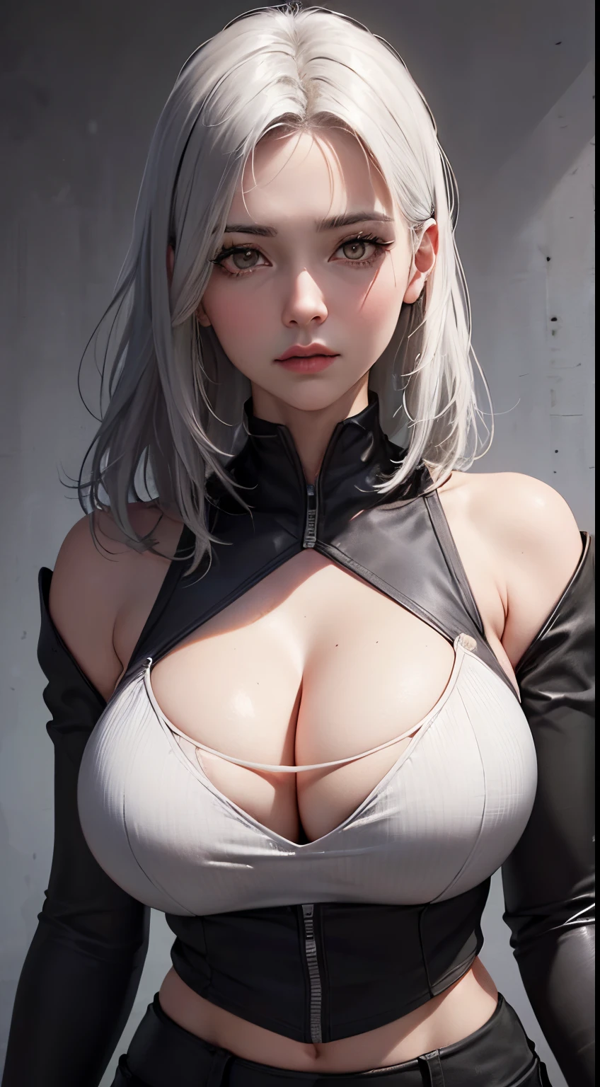 ((Realistic face, The cleavage is tempting, adult look, White eyes)), (Gray crop top, black undersuit, Short clothes), (cabelos preto e longos), (20 years), (1 girl), (4K style),(Colossal tits,Huge cleavage)