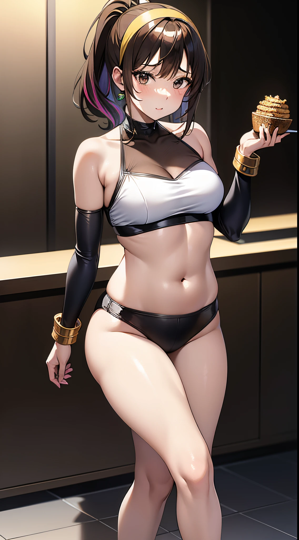 ((Masterpiece)), best quality, absurderes, ultra detailed, holographic, cowboy shot, dynamic pose, golden ratio, super cute girl, mature girl, extremely beautiful, super beautiful asian girl with super beautiful brown shiny eyes, super petite and sexy body, super beautiful legs, super beautiful brown multicolored short hair, high ponytail, shiny and super beautiful skin, nice and sexy body, slim and delicate body, perfect body, wearing a super tight black short sleeve crop top, bare shoulders, super tight translucid black leggings, hot panties, fox hairband, being photographed in a popular kawaii food court