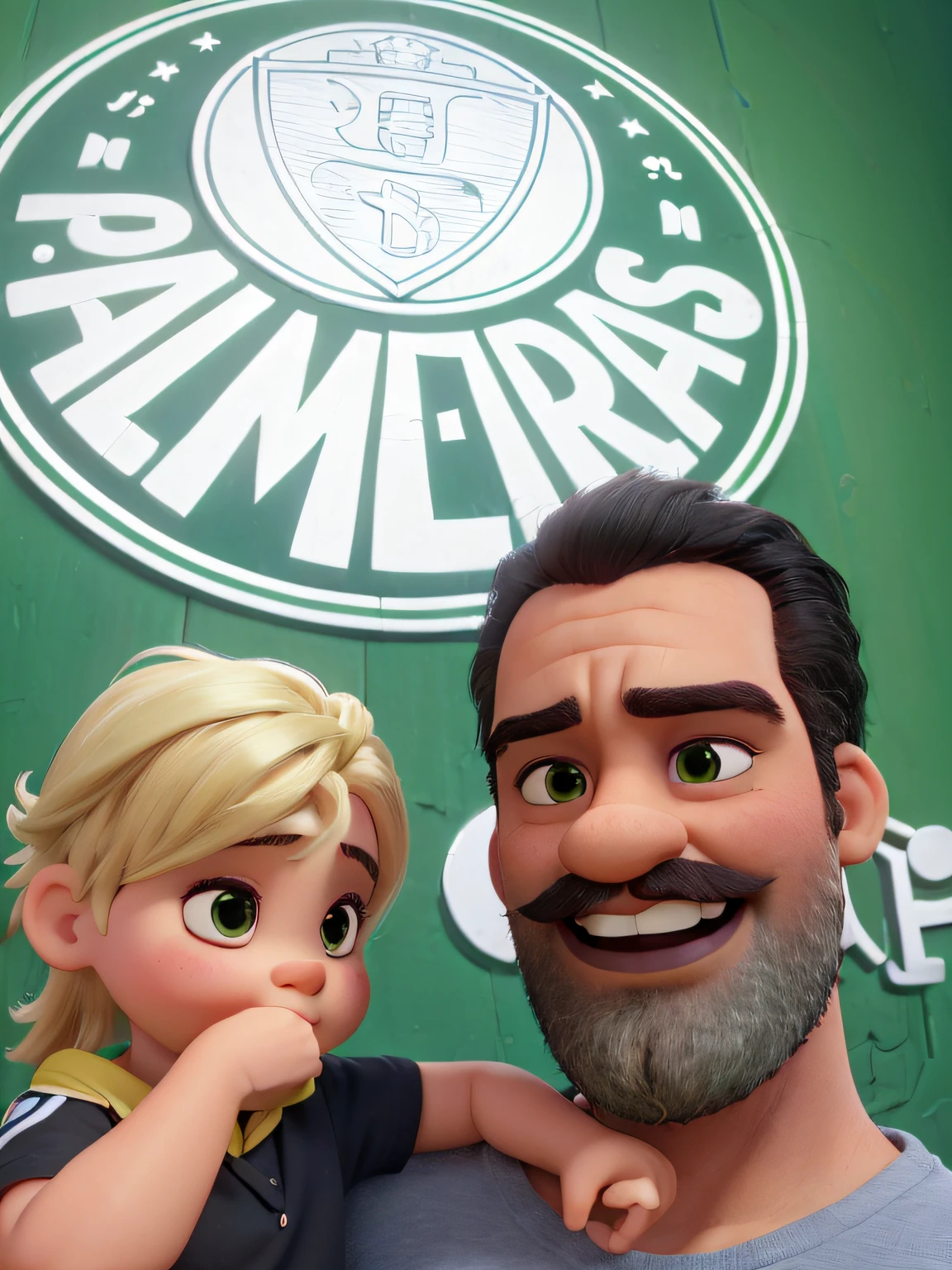 Homem com bigode, black hair and small nose holding a chubby one and a half , com reta, yellow hair with hand on mouth in front of a green wall with the symbol of the PALMEIRAS sports society (clube de futebol brasileiro), in high definition, Estilo Pixar