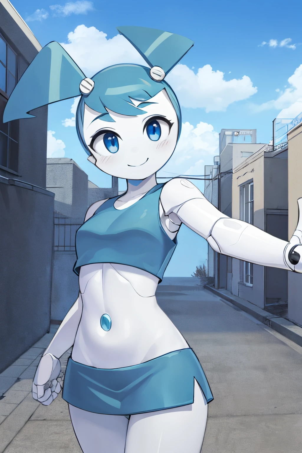 beautiful and detailed close up selfie of jenny wakeman,happy,sexy smile, blue eyes,blue midriff, blue mini skirt, blue, cloudy sky, white metallic robotic skin, robot joints