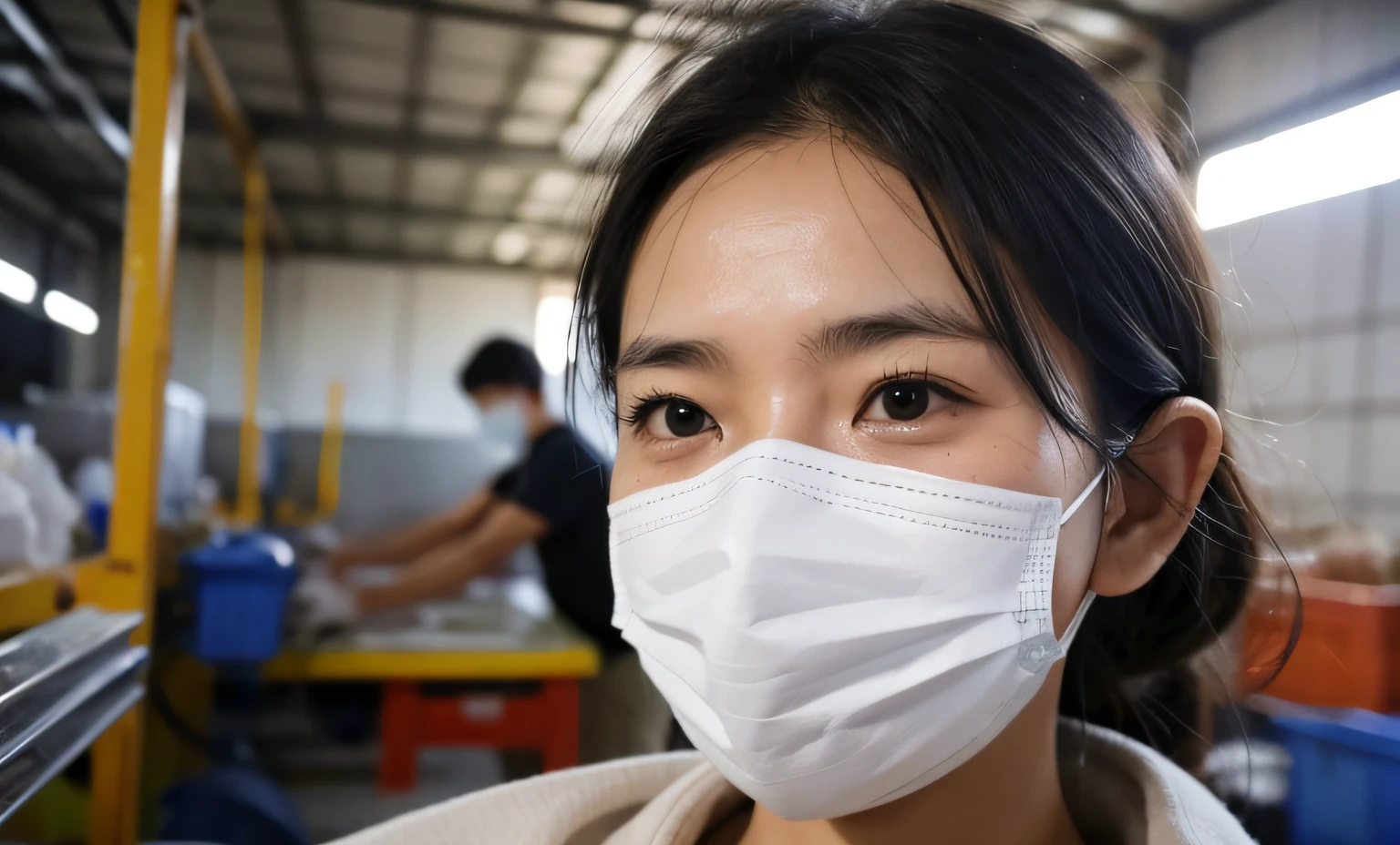 In a factory in Myanmar，A man in a mask，High-definition facial features