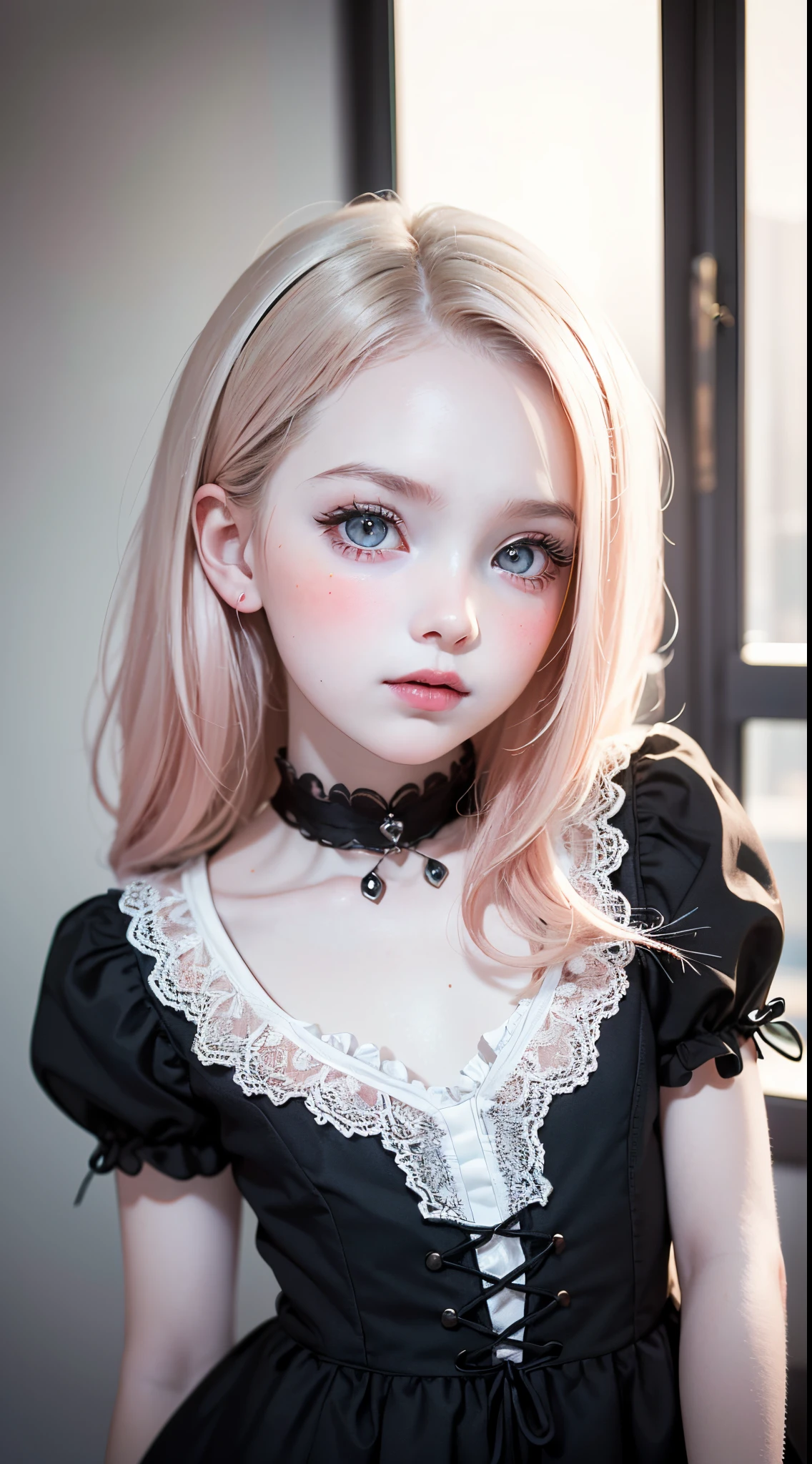 (UHD, retina, masterpiece, ccurate, anatomically correct, textured skin, super detail, high details, high quality, best quality, highres, 1080P, HD, 4K, 8k, 16k), (beautiful detailed eyes, beautiful detailed lips, extremely detailed eyes and face), studio lighting, physically-based rendering, vivid colors, (gothic dress), (portrait, shiny hair, shiny skin), [white room, bokeh], (tilt your head to the side:1.5), eye reflection, (blush:1.5), (gothic art, pale skin:1.5), monochrome, (toddler girl, cowboy shot:1.5),