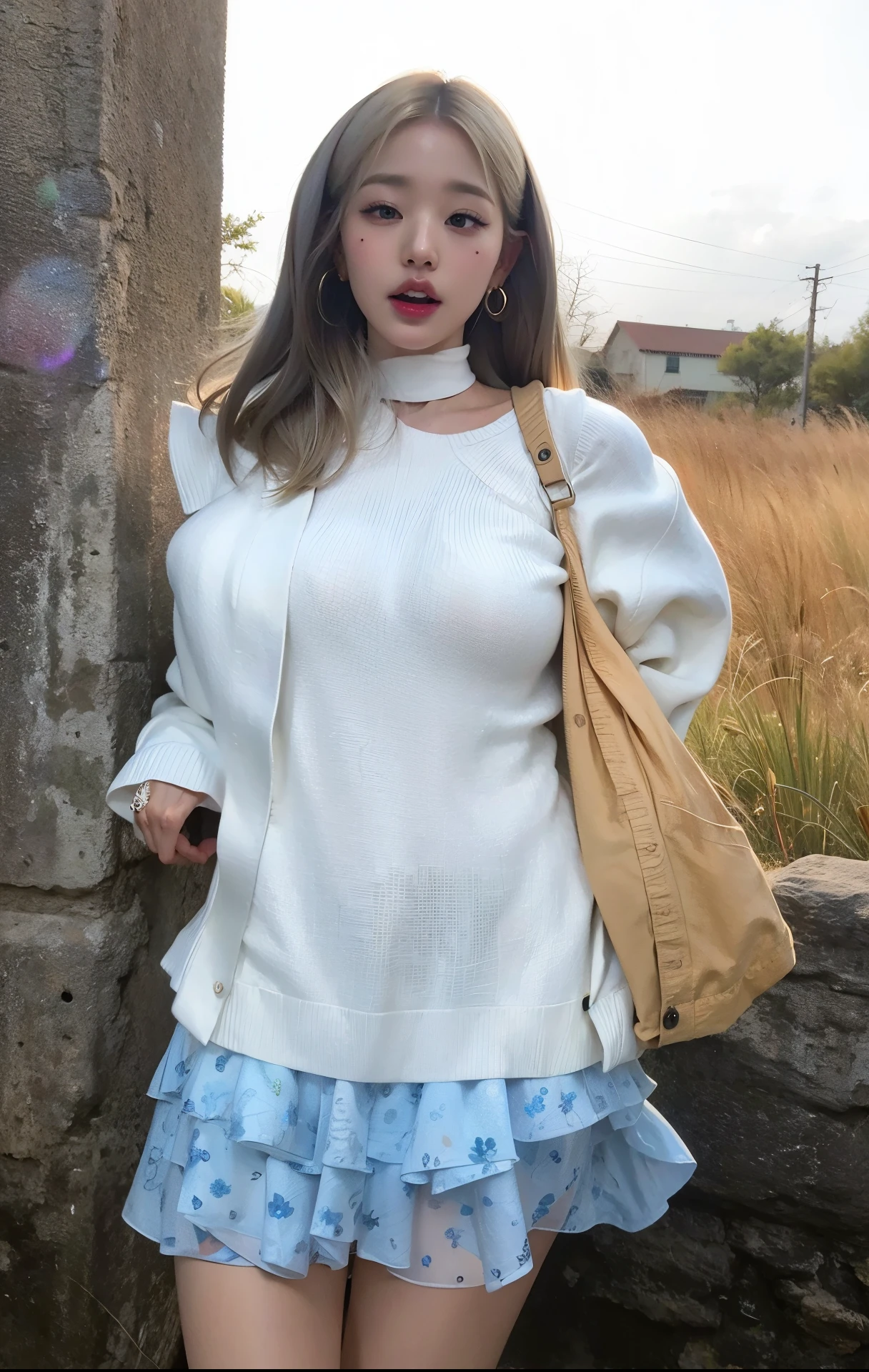 Female, 20 years old, short black wavy hair、bangss、Puffy nipple、(White Turtleneck Knit)、(Blue long skirt), Black stockingedium milk, cute smile face、((Poses that emphasize the buttocks、turned around))、sexy hips、Black High Heels、Big necklace、((((the wind blew my skirt, expose my panties...))))、(Light blue lace nude  panties)、Cute earrings、(Tilt your head slightly)