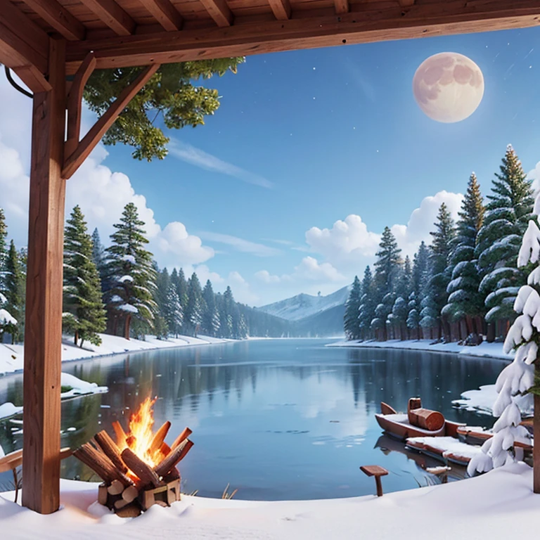 Trees and firewood on the lake in nice moon, snow falling, Drawing in Pixar style