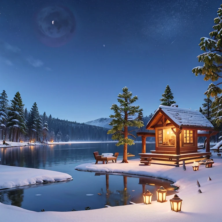 Trees and firewood on the lake in nice moon, snow falling, Drawing in Pixar style