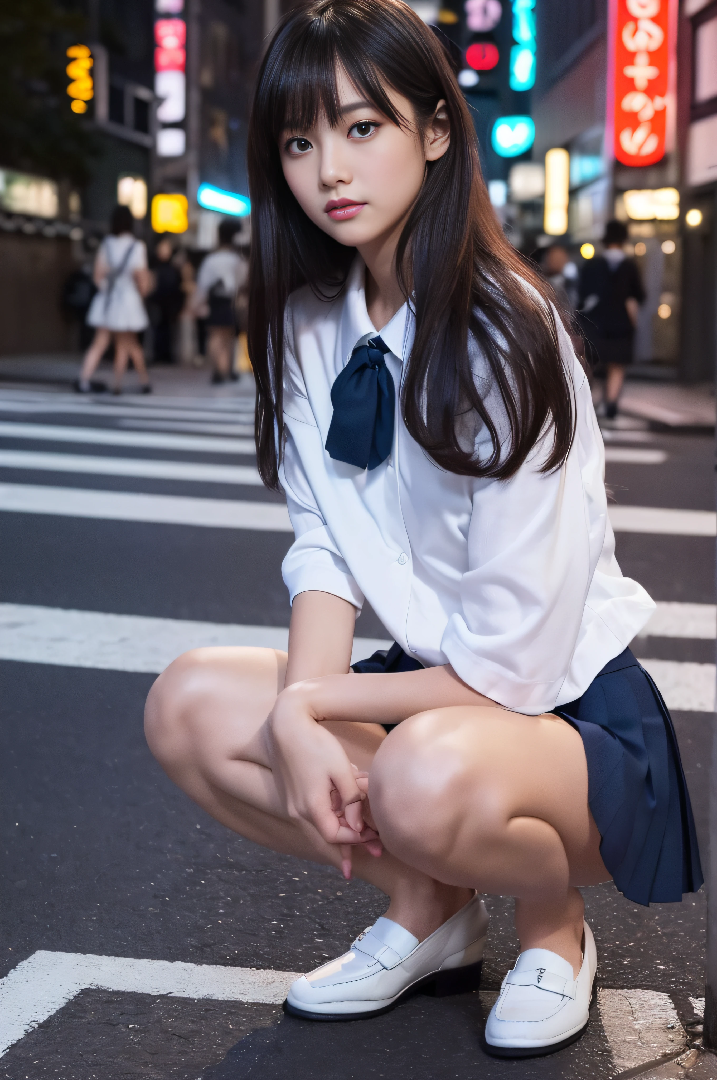 1 Female、(so beautiful)、(Beautiful Face:1.5)、The outline of the pubic area is clear、squat、Spread your legs、(White panties:1.4)、(High School Uniform)、(Dark blue pleated skirt)、(Wear black loafers)、(Shibuya sidewalk at night)、Neon Signs、(At S.F.W.:1.1)