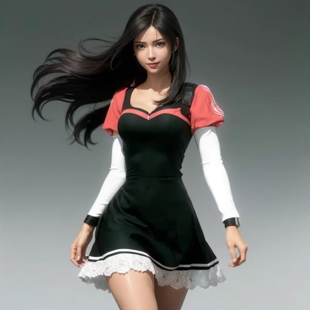 (best quality,ultra-detalhado),(Realistic:1.37),Tifa Lockhart, Rosto bonito e detalhado, maquiagem preta nos olhos, cute smile expression, textura ultra realista, rosto delicado, corpo delicado, Fit physique, usando batom e brilho labial