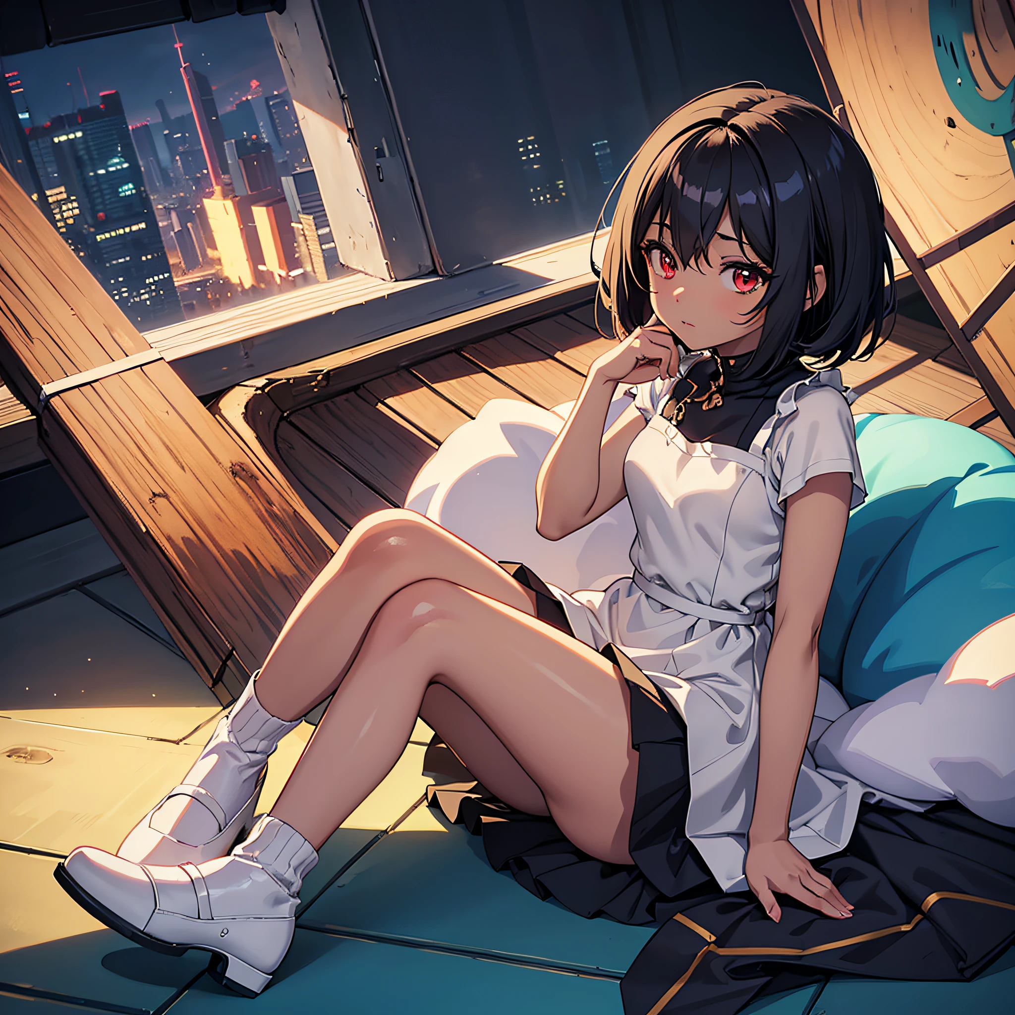 dark skin anime girl sitting on floor with her legs crossed and her hand on her face, clean background, anime moe artstyle, high quality anime artstyle, anime vibes, anime artstyle, anime art style, beautiful anime art style, in anime style, anime style illustration, in an anime style, anime visual of a cute girl, cute art style, pure background color, anime styled, cute dress, mid-short hair, bob hair style, red eyes, tall girl, two-pieces dress, short dress, short socks, Beige Mary Jane shoes,