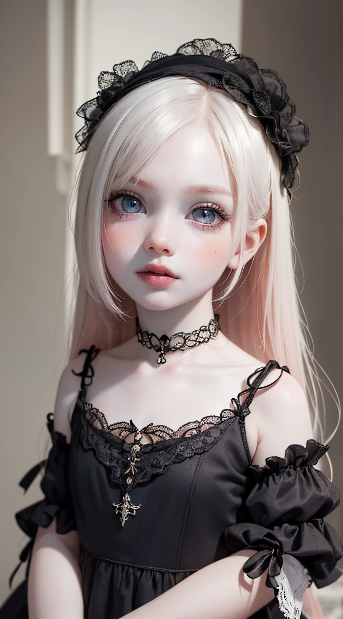 (UHD, retina, masterpiece, ccurate, anatomically correct, textured skin, super detail, high details, high quality, best quality, highres, 1080P, HD, 4K, 8k, 16k), (beautiful detailed eyes, beautiful detailed lips, extremely detailed eyes and face), studio lighting, physically-based rendering, vivid colors, (gothic dress), (portrait, shiny hair, shiny skin), [white room, bokeh], (tilt your head to the side:1.5), eye reflection, (blush:1.5), (gothic art, pale skin:1.5), monochrome, (toddler girl:1.5),
