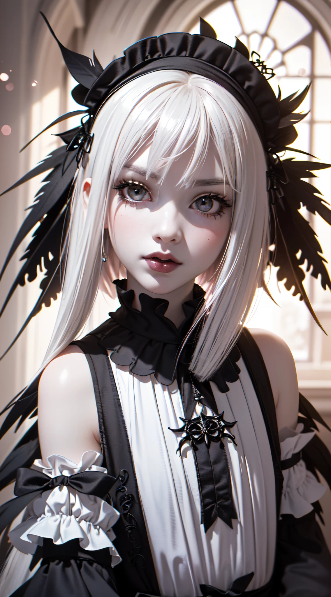 (UHD, retina, masterpiece, ccurate, anatomically correct, textured skin, super detail, high details, high quality, best quality, highres, 1080P, HD, 4K, 8k, 16k), (beautiful detailed eyes, beautiful detailed lips, extremely detailed eyes and face), studio lighting, physically-based rendering, vivid colors, (gothic dress, feather hair ornament), (portrait, shiny hair, shiny skin), (white room, bokeh), (tilt your head to the side:1.5), eye reflection, (blush:1.5), (gothic art, pale skin:1.5), monochrome, ( girl:1.5),