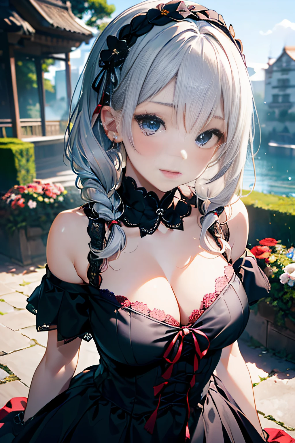 (ukiyoe painting:1.3),(3D Animation:1.3),(((Gothic Lolita Fashion:1.3)),(((lace off shoulder dress))),(((Costume with intricate lace details))),(Emphasis on the chest:1.3),(europe castle background:1.3),(Flower bed with colorful flowers in the garden),(Make the subject look three-dimensional with the contrast of light and shadow),Cute and beautiful girl,Cute round face,Cute smile,with blush cheeks,Red Lip,(silver white hair,Floral braided headband,half up、Floral Braided Space Van,Voluminous Fishtail Braids,Twisted chignon,),(Bangs are see-through bangs),hair pin,hair adornments,detailed clothes features,Detailed hair features,detailed facial features,(Dynamic angles),(Dynamic and sexy poses),profetional lighting,Cinematic Light,(masutepiece,top-quality,Ultra-high resolution output image, depth of fields,) ,(32k quality,depth of fields,Anatomically accurate facial structure,),(Sea Art 2 Mode:1.3),(Image Mode Ultra HD,)
