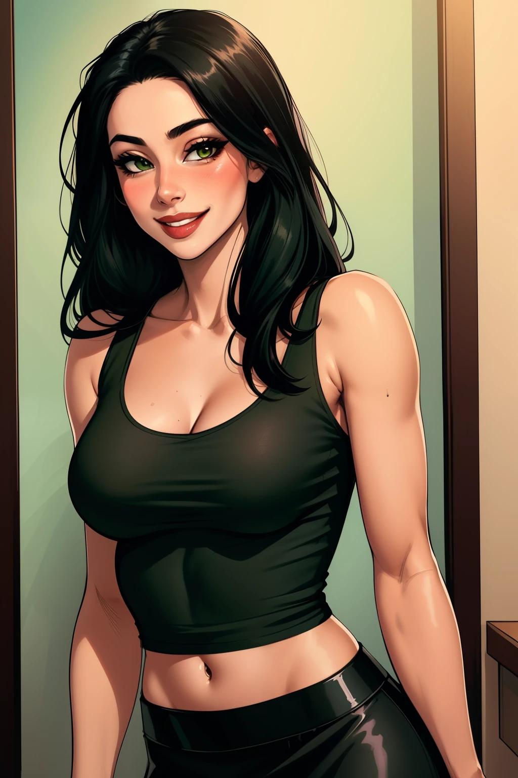 Amazing portrait of a sexy woman wearing her long straight luscious black hair, seductively gazing and smiling, soft lips, parted, blushing intensely, smiling, black tank top, dark green long skirt, medium chest, perfect body