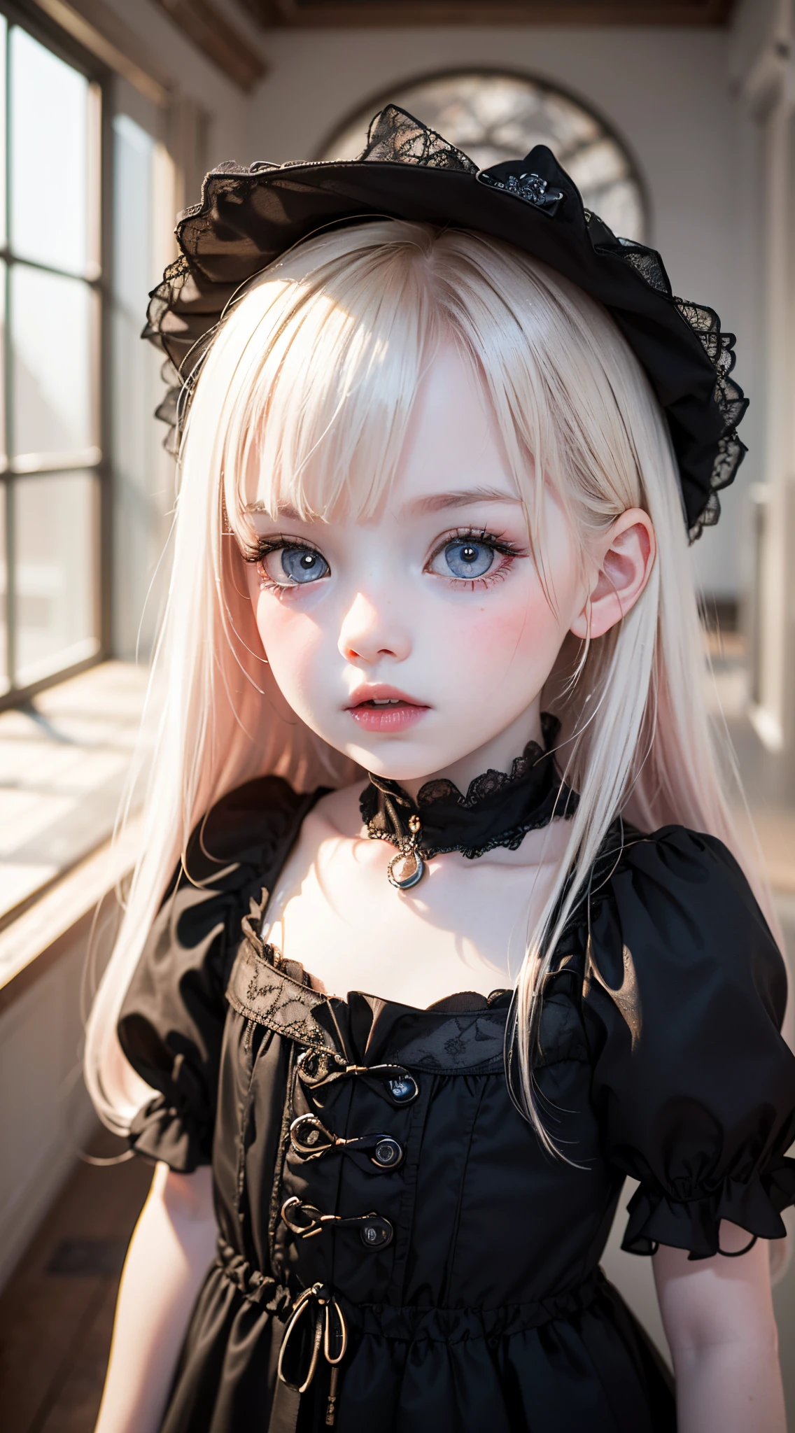 (UHD, retina, masterpiece, ccurate, anatomically correct, textured skin, super detail, high details, high quality, best quality, highres, 1080P, HD, 4K, 8k, 16k), (beautiful detailed eyes, beautiful detailed lips, extremely detailed eyes and face), studio lighting, physically-based rendering, vivid colors, (gothic dress), (portrait, shiny hair, shiny skin), [white room, bokeh], (tilt your head to the side:1.5), eye reflection, (blush:1.5), (gothic art, pale skin:1.5), monochrome, (toddler girl, cowboy shot:1.5),