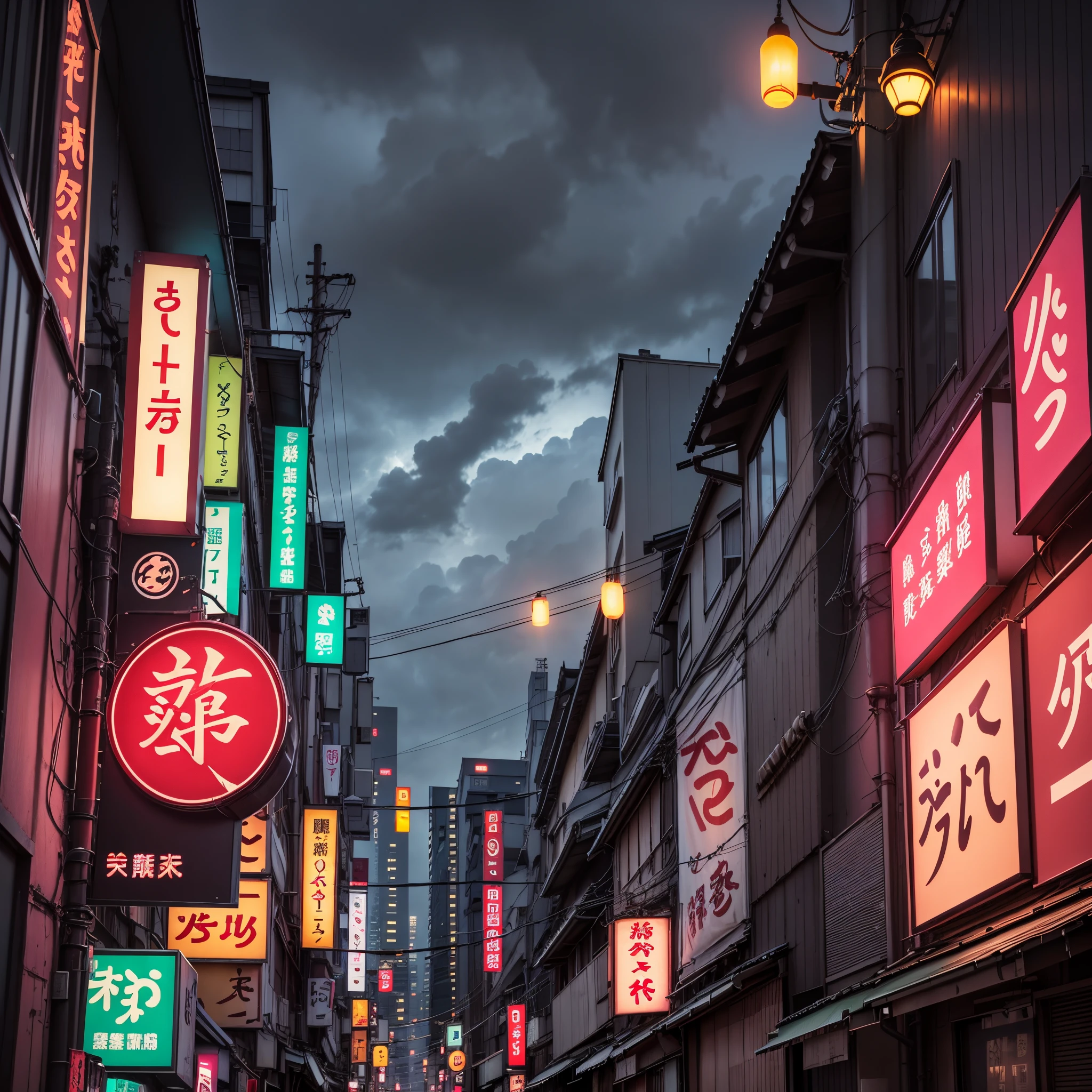 A Tokyo alley with dark and cloudy weather and several signs with neon lights for establishments --auto --s2