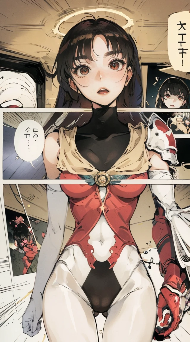 Comic Book Storyboard,Creature, taken from all men&#39;s dreams，，camel toe，Thin Gaps，Women's bodies, Shark teeth, Multiple sticky outer limbs, There is a bright halo on the head, red eyes，In space, full of psychedelic patterns，axial symmetry，An enchanted look，Long hair，femdom，Anatomy is correct
