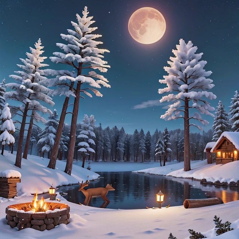 Trees and firewood on the lake on a bright moon at night, Heavy snowfall, Deer passing by