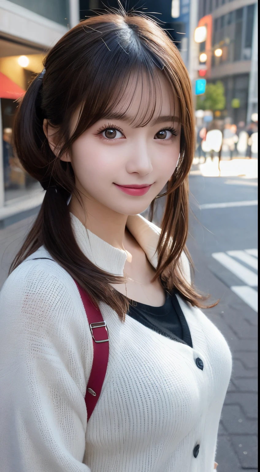 masutepiece, Best Quality, Illustration, Ultra-detailed, finely detail, hight resolution, 8K Wallpaper, Perfect dynamic composition, Beautiful detailed eyes, Trendy Women's Winter Fashion,poneyTail,Small breasts natural color lip, sexypose,Smile,Harajuku、20 years girl、Cute、is looking at the camera