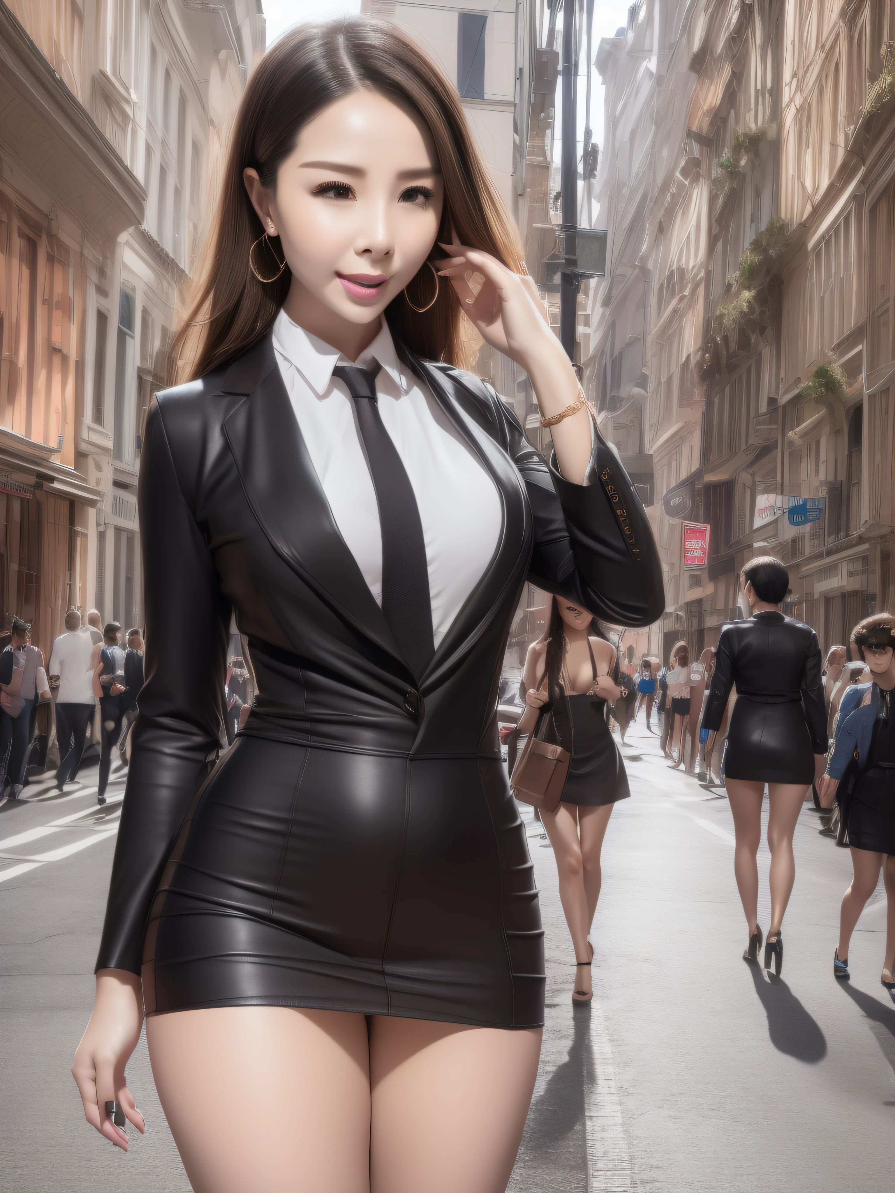 30 year old woman with perfect figure , very feminine，slender eyebrow, blushed cheeks, Policewoman, black suit jacket, black necktie，"semblusa", (almost :1.3)，（suspender stockings：1.3）, ultra-realistic realism, hyper HD, Best quality, A high resolution, high detal, 8K, Sharp focus, Bustling streets