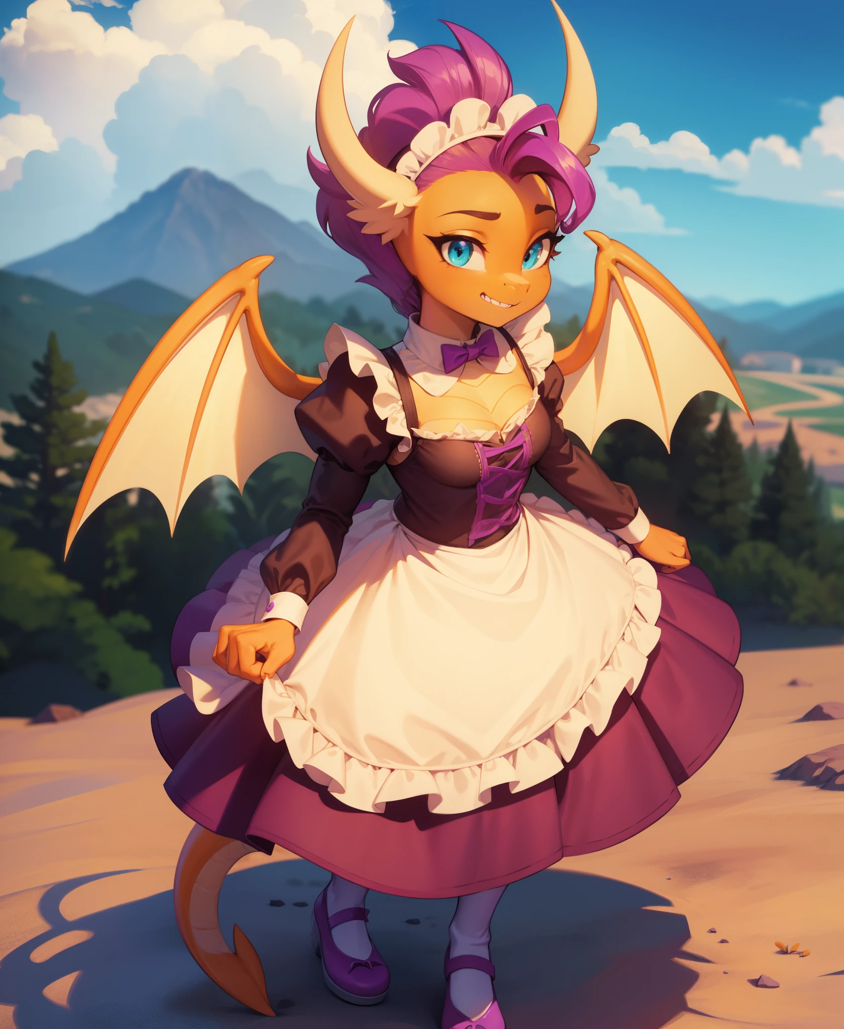 Dragon Girl, purple hair, (Beige dragon horns), Cyan eyes, scale, paws with claws, Orange spread wings, orange ponytail with purple hair at the tip, anthro, small Breasts, dragon head, Hairstyle high, Black puffy maid dress, Medieval cuisine, Furnace, wooden table, bakes bread, Buns and loaves, Flour stains, in full height, Detailed maid dress, maidservant, maid's bonnet, legsupms, Shoes, Holds a tray of biscuits