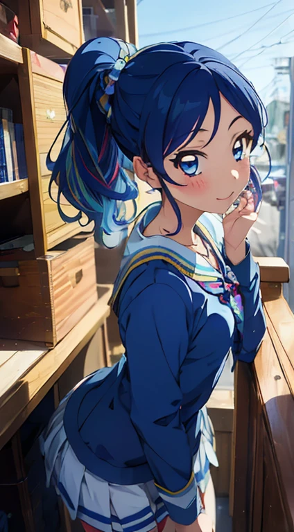 masterpiece , best quality, detailed quality, kiriya Aoi (Aikatsu), 1girl ,side ponytail ,dark blue hair ,multicolored hair, dark blue eyes, Bon voyage outfit