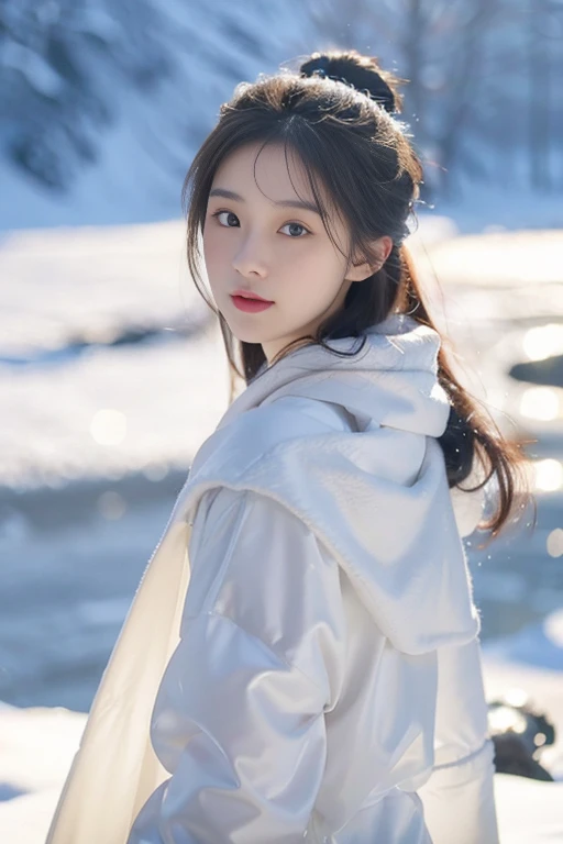 photorealisim、top-quality、超A high resolution、Photore、(extra detailed face),(intricate detailes)Photos of the most beautiful Nordic girls in the world、The snowy mountain princess is wearing a gorgeous white robe,The robe is encrusted with shining silver jewels.,Like a star in the ice and snow。her hair is tied in a delicate bun,tome'Dotted with small ice crystals and silver silk flowers.,slightly shiny。her face is beautiful,my skin is white like snow,Eyes as clear and bright as lake water,Expressing calm and depth。There was a faint smile on her lips,Like a spring breeze blowing through a snowy mountain,gentle and touching。her environment is quiet and peaceful,snow-capped mountain々Surrounded by,In daylight,A clear stream flows through the valley,A gentle wind blew through,blow up her clothes and hair,painting-like,tome'It's like wonderland。