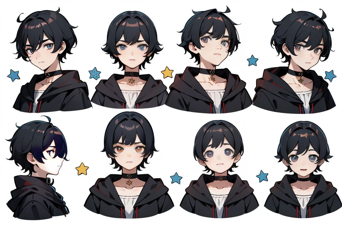 ((Masterpiece, Highest Quality)), Detailed Face, Character Sheets, full bodyesbian, Full of Details, multiple poss and expressions, Highly detailed, depth, many details, 1boys , Children All Over the Body :3, Mittens, Stockings, black choker, Eye, Star (symbol), symbol-shaped pupils