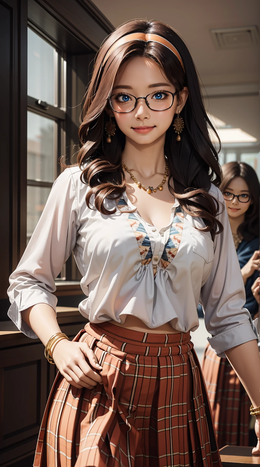 (masterpiece, best quality), 1 girl, curvaceous perfect body, nice breasts, wavy hair, hairband, glasses, printed blouse, pleated skirt, bracelet, necklace, library, natural lighting, standing pose, contrapposto, morning