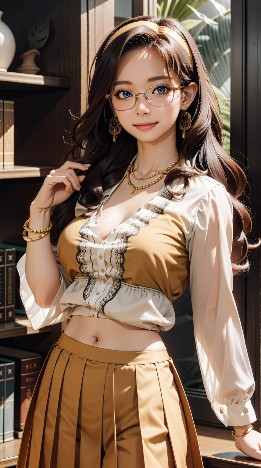 (masterpiece, best quality), 1 girl, curvaceous perfect body, nice breasts, wavy hair, hairband, glasses, printed blouse, pleated skirt, bracelet, necklace, library, natural lighting, standing pose, contrapposto, morning