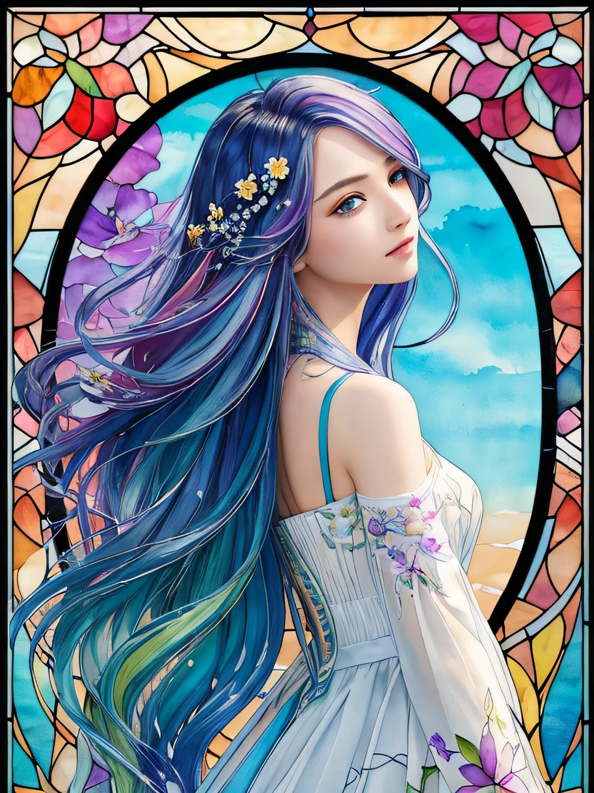 ((​masterpiece、top-quality))、High contrast、High color saturation、Tideplay、Luxley、split-colored hair、the wind、Flying petals、Intricate and intricately decorated stained glass、2D、line-drawing、watercolor paiting、ink watercolor、Random colored hair、Super long hair、Wave、1girl in、alraune、florals