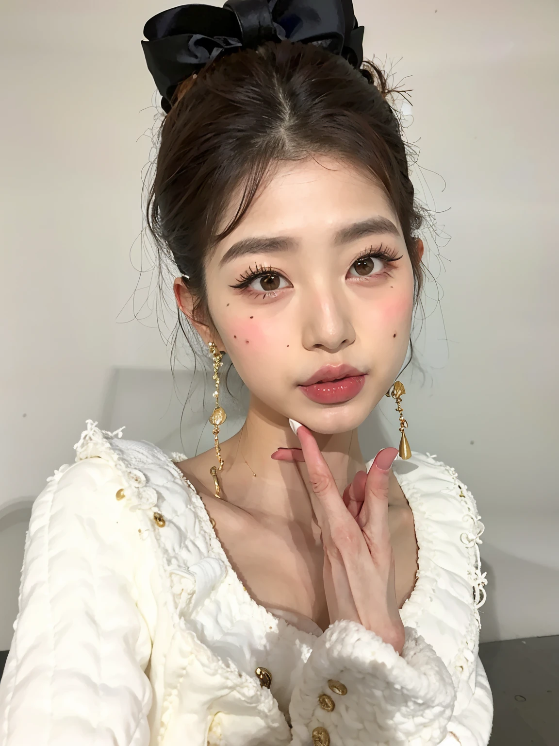 Un primer plano de una mujer con un arco en la cabeza, Beautiful aesthetic face, maquillaje coreano popular, maquillaje suave, maquillaje popular de Corea del Sur, Joven y adorable rostro coreano, beautiful pale makeup, Cara delicada y encantadora, cara muy bonita, Rasgos de la cara coreana, hermoso rostro delicado, ulzzang, maquillaje ligero, maquillaje sutil, Hermosa joven coreana, Cara sexy con maquillaje completo