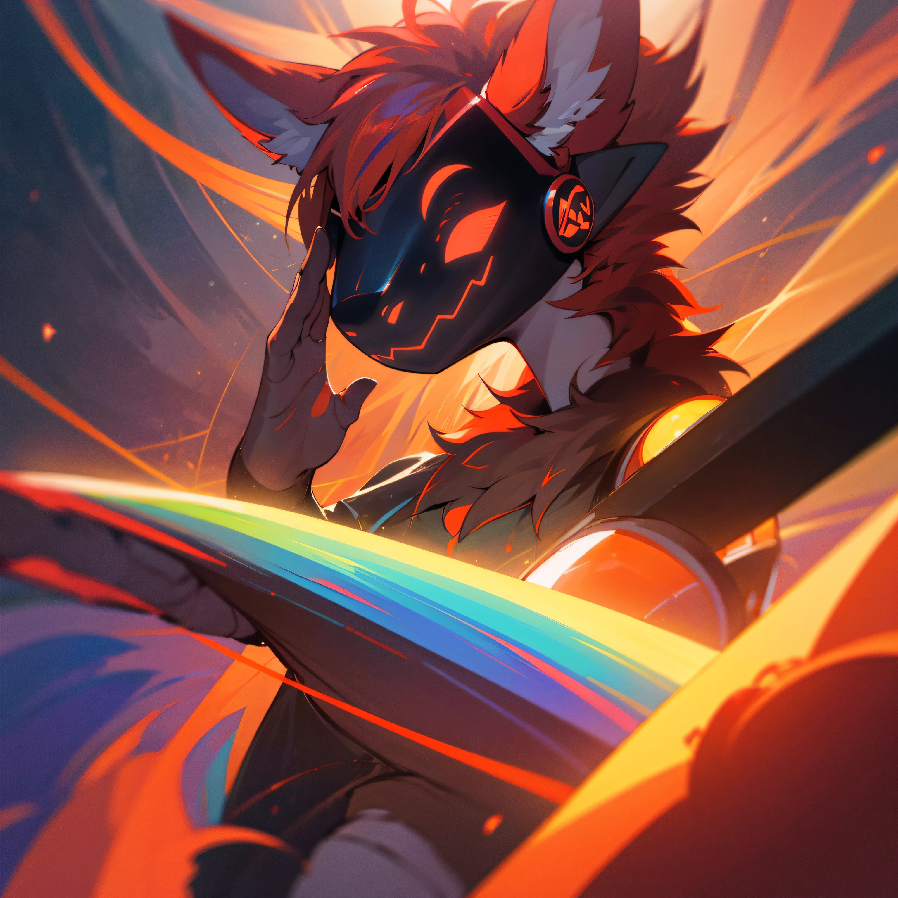 red protogen, fur neck, smiling, happy, dynamic lighting, illustration, portrait, beautiful, particles (high quality,4k,8k,highres,masterpiece:1.2), ultra-detailed, impressionistic:colorful,