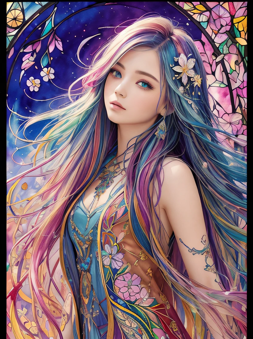 ((masterpiece、top-quality))、High contrast、High color saturation、Tideplay、Luxley、split-colored hair、the wind、Flying petals、Stained glass with intricate and delicate decorations、2D、line-drawing、watercolor paiting、ink watercolor、Random colored hair、Super long hair、Wave、1girl in、alraune、florals
