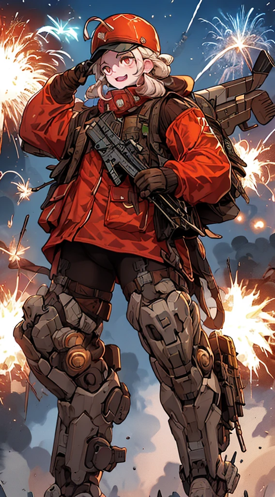 masterpiece, best quality, modern, on modern war zone, wearing sci-fi jacket, explosion, there's tank ahead, there's helicopter ahead