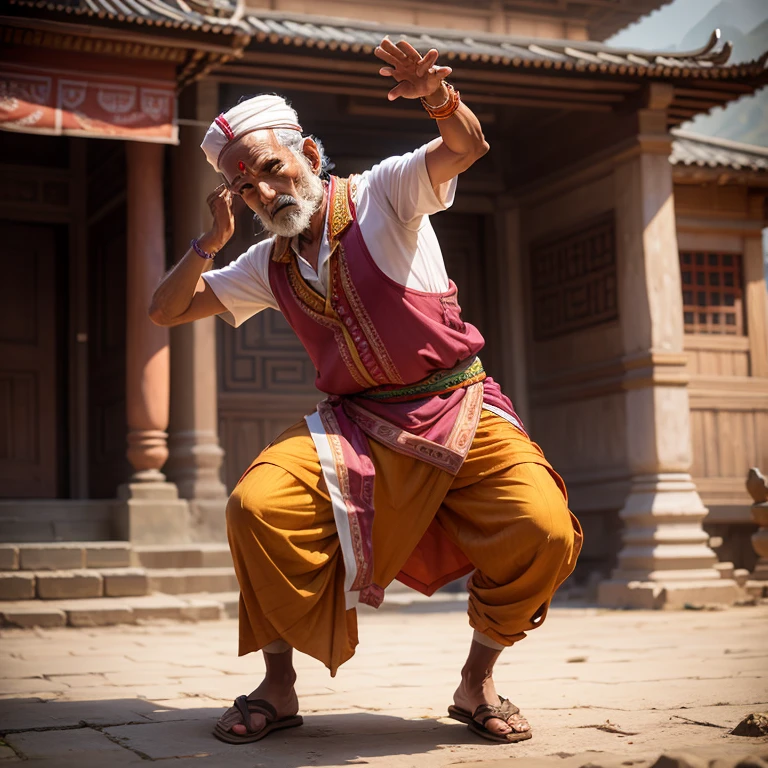 Nepali old man dancing in tample