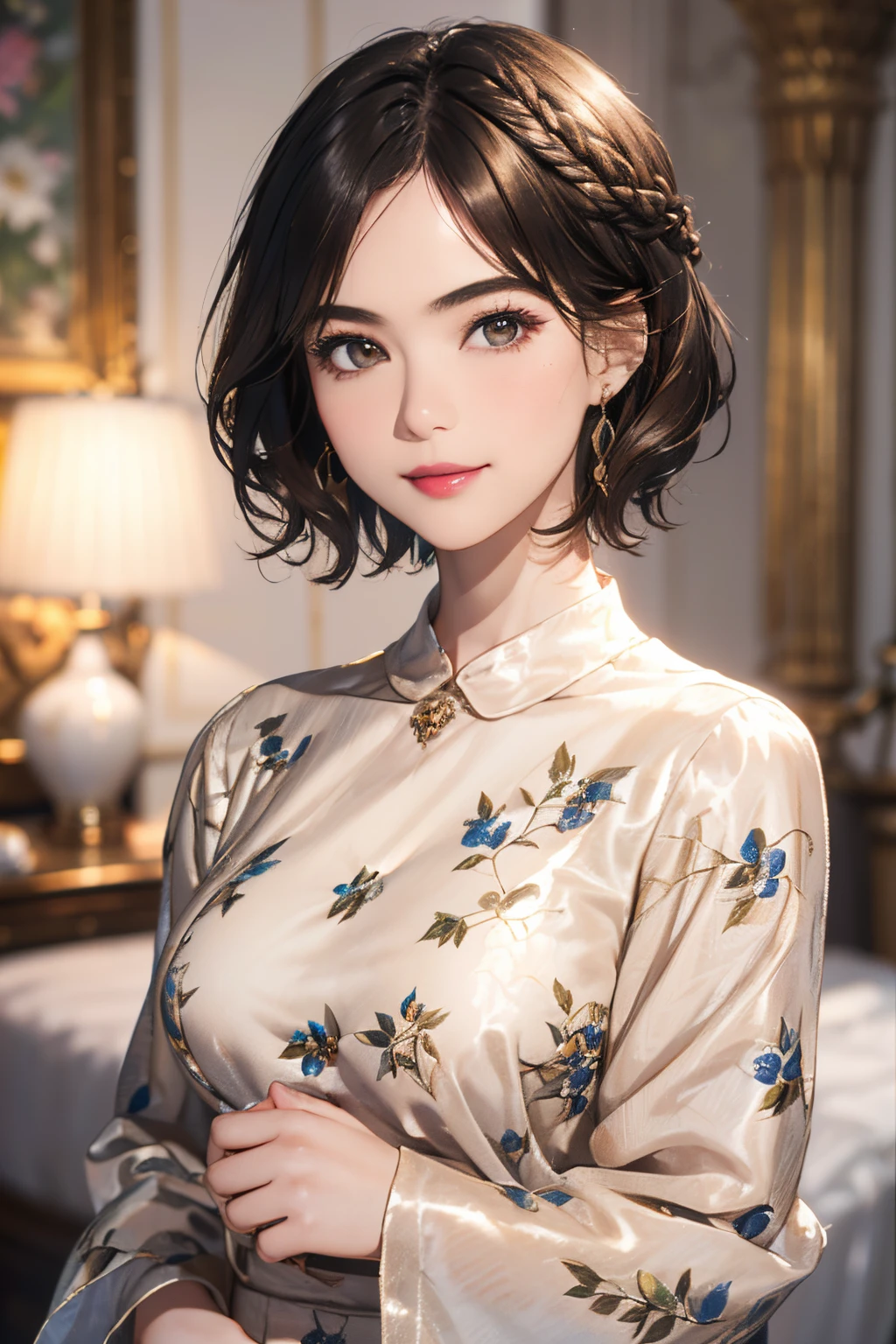 126
(a 20 yo woman,Art Works), (A hyper-realistic), (high-level image quality), ((beautiful hairstyle 46)), ((short-hair:1.46)), (Gentle smile), (breasted:1.1), (lipsticks), (florals), (Luxurious room), (Depth of field is deep), (a Dog,Dalmatian)