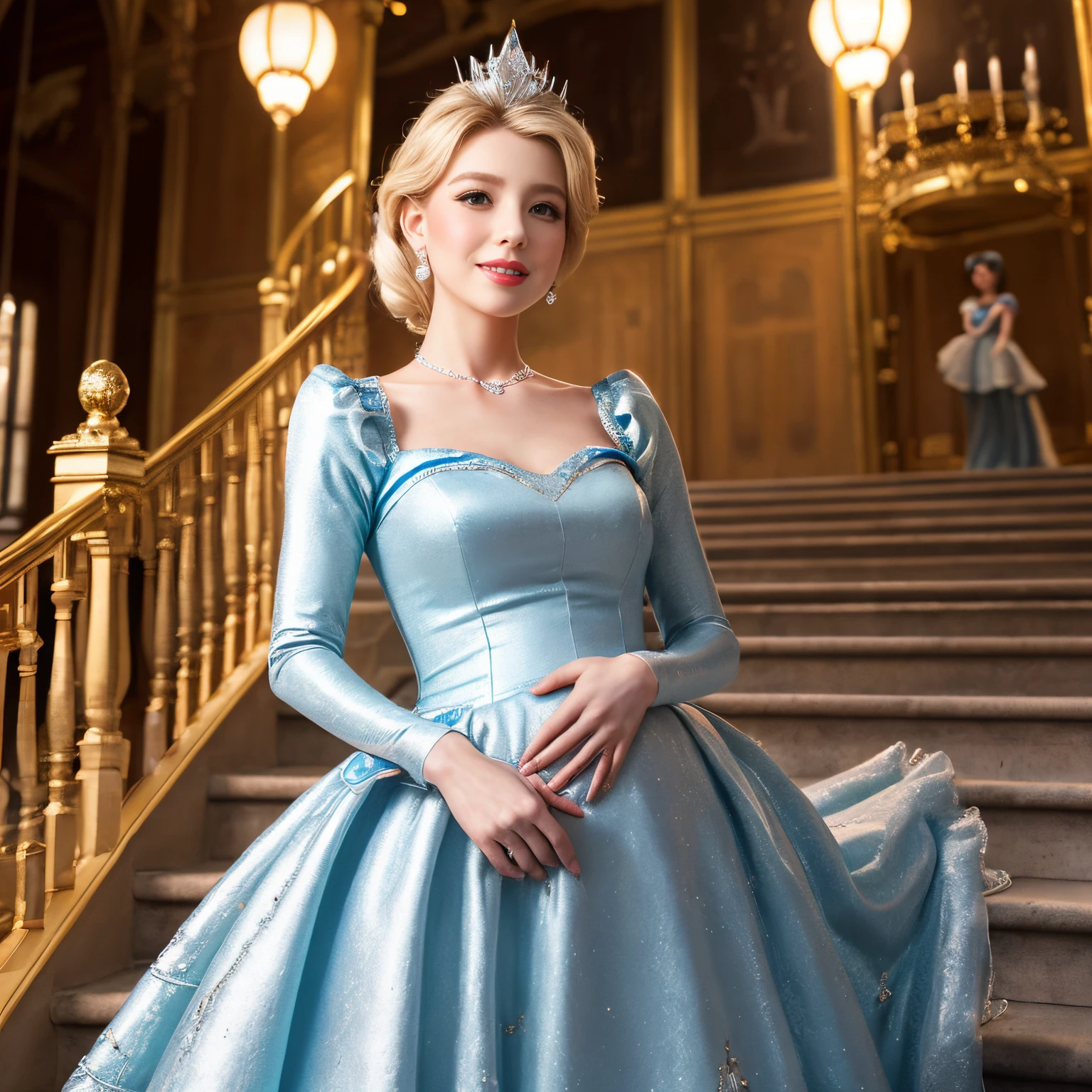 (top-quality、masutepiece、8K、Top image quality))、(1 photo:1.3)、one princess cinderella、(The upper body of Princess Cinderella is depicted。:2)、Pregnancy、The most luxurious giant tiara、the most luxurious giant necklace、The finest dress with plenty of jewels、A complete recreation of the classic Cinderella worldview、The most luxurious princess dresses、Inside medieval germany'most luxurious castle、go down the big stairs、Detailed and intricate castle interior、Detailed and detailed depiction、Upper body photo、Look at me and smile、accurate anatomy、(Accurate costumes:1.2)