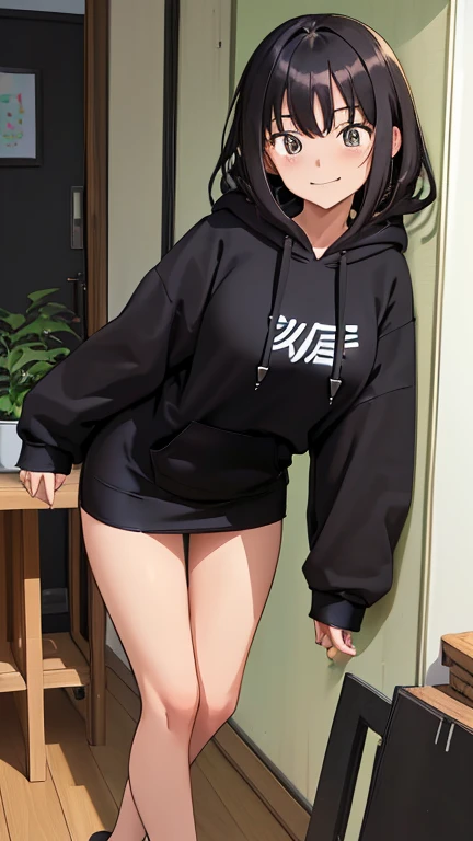 (masutepiece, Best Quality:1.2), (Looking at Viewer), (Wavy Hair:0.8),
1girl in, (Upper body:0.85), (Black theme:1.2), {Indoors|Outdoors}, Dark eyes, Dark hair, 
{Medium Hair}, Larger hoodie, (tight miniskirt:1.2),
({Happy face|peaceful face|Shy face|Curious face}),Pants sticking out from the hoodie
