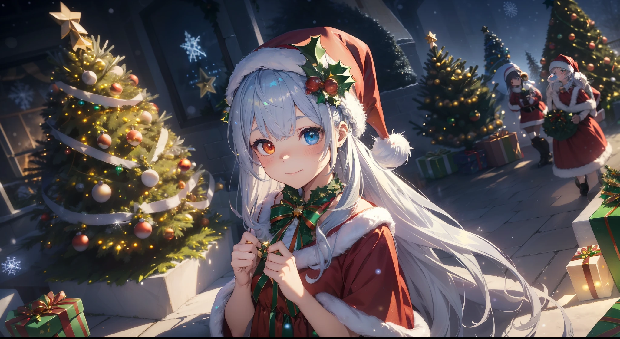 Highest quality、Photorealsitic、The ultra-detailliert、delicate、orderly、high détails、bluish-silver ponytail、(Drooping heterochromia iris:1.4)、Gamine、ers old、embarrassed from、a smile、A slender、fullllbody、blured background、(1 girl in:1.2)、GameCG、dynamic ungle、(Bioluminescent hair、radiant eyes:1.2)、ambient occlusion、ambient lights、ray trace reflection、Glow、glowing aura、Radiant hair、(Christmas、santa dress、illuminations、Christmas tree:1.5)