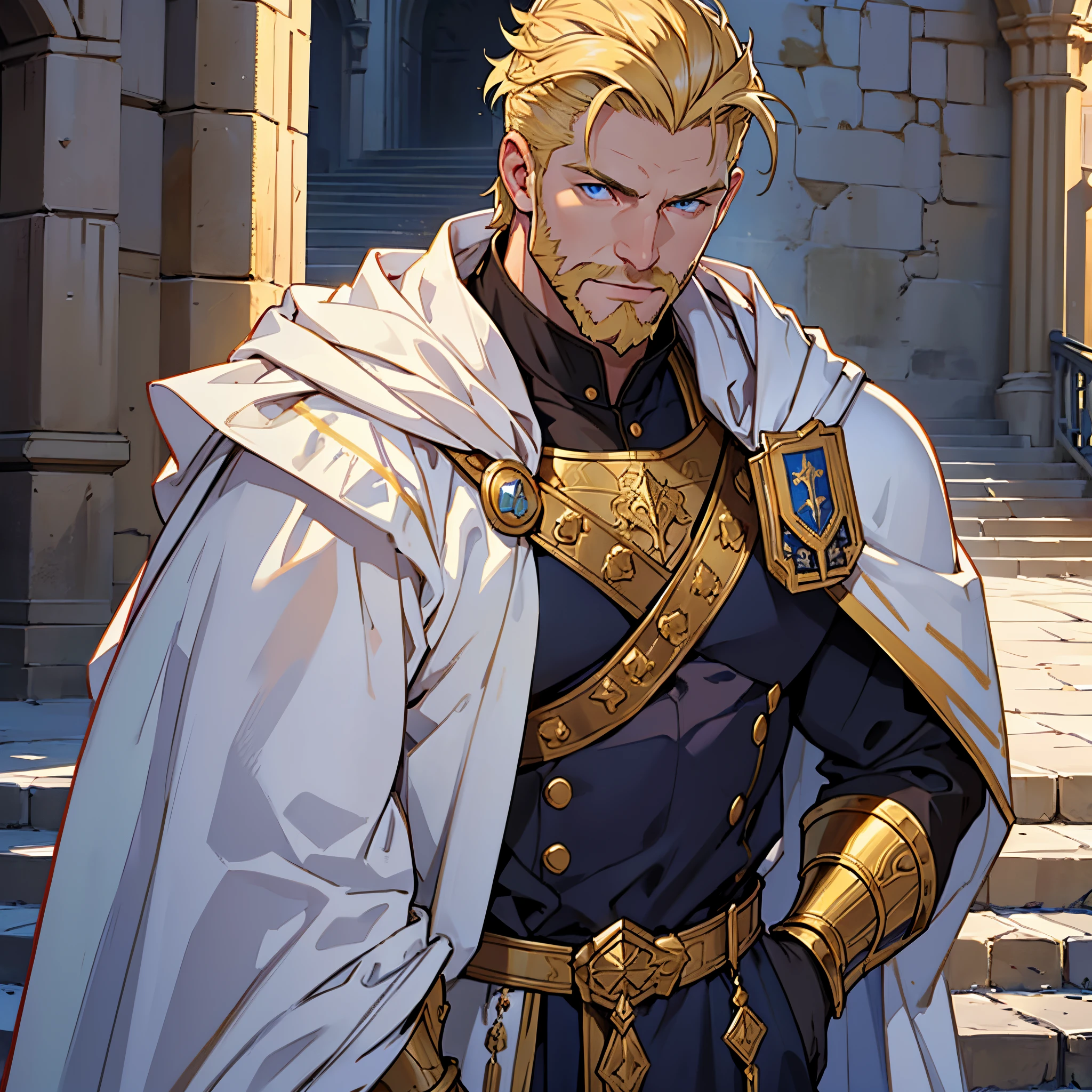 ​masterpiece, Best Quality, 4k, Very detailed, Close-up of a person&#39;Upper body body, Background with:In front of the stairs of a medieval castle built on a lake, A large old emperor wearing golden armor and a white cloak........., Blonde very short male hair with pomade, trimmed beard, Blue Eyes