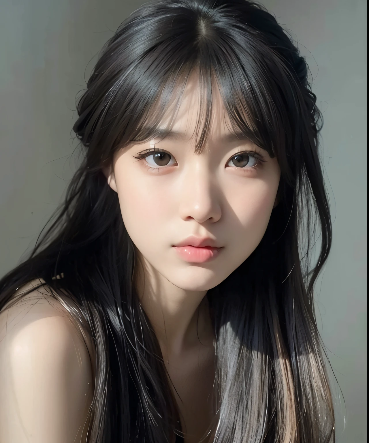 um close up de uma mulher com cabelos longos e uma camisa branca, Ulzzang, menina coreana, young adorable korean face, Ela tem cabelo preto com franja, korean face features, wan adorable korean face, Mulher sul-coreana bonita, beautiful aesthetic face, lindo rosto delicado, menina bonito-fino-cara, branco hime corte penteado, south east asian with round face