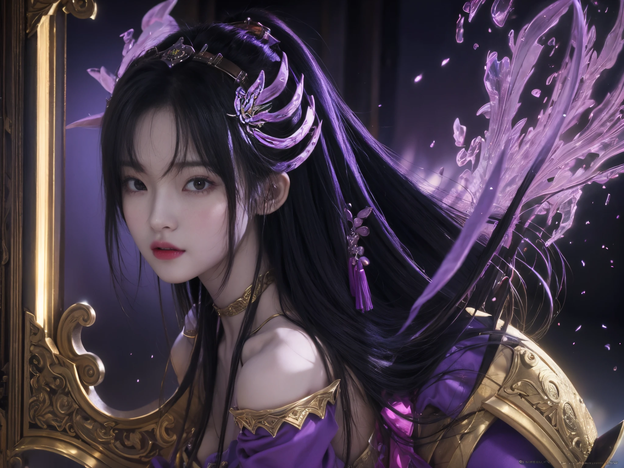 The face changed，Close-up of a woman dressed in purple and black，shadowbringers cinematic，4 K detail fantasy，beautiful fantasy empress，GameCG，xianxia fantasy，xianxia hero，2。5 D CGI anime fantasy artwork，cinematic goddess close shot，Ruan Jia and Artgerm，World of Warcraft 4K detail fantasy，Ultra-detailed fantasy characters